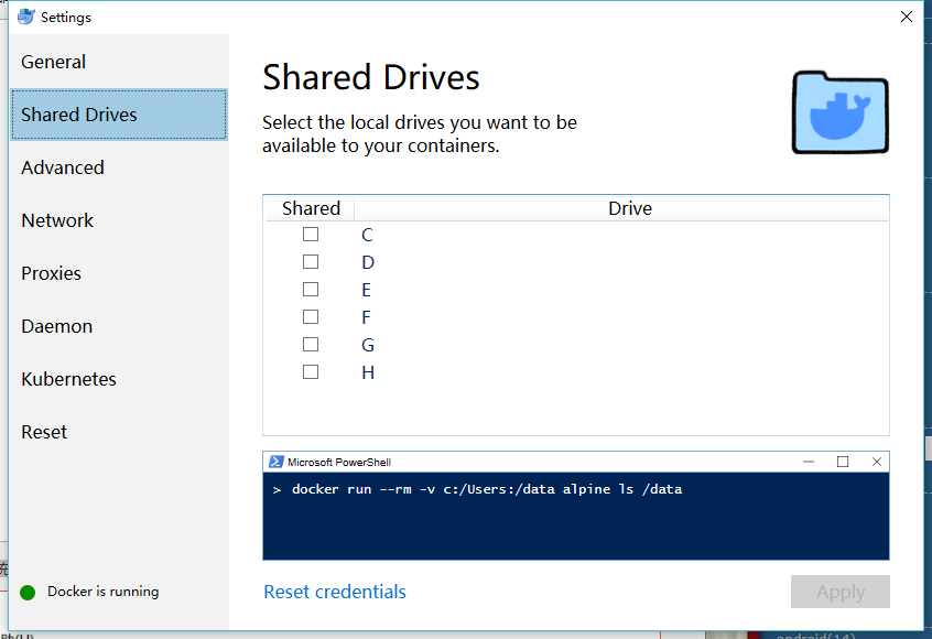 Docker for Windows 设置的Shared Drives 设置不生效-第0张图片